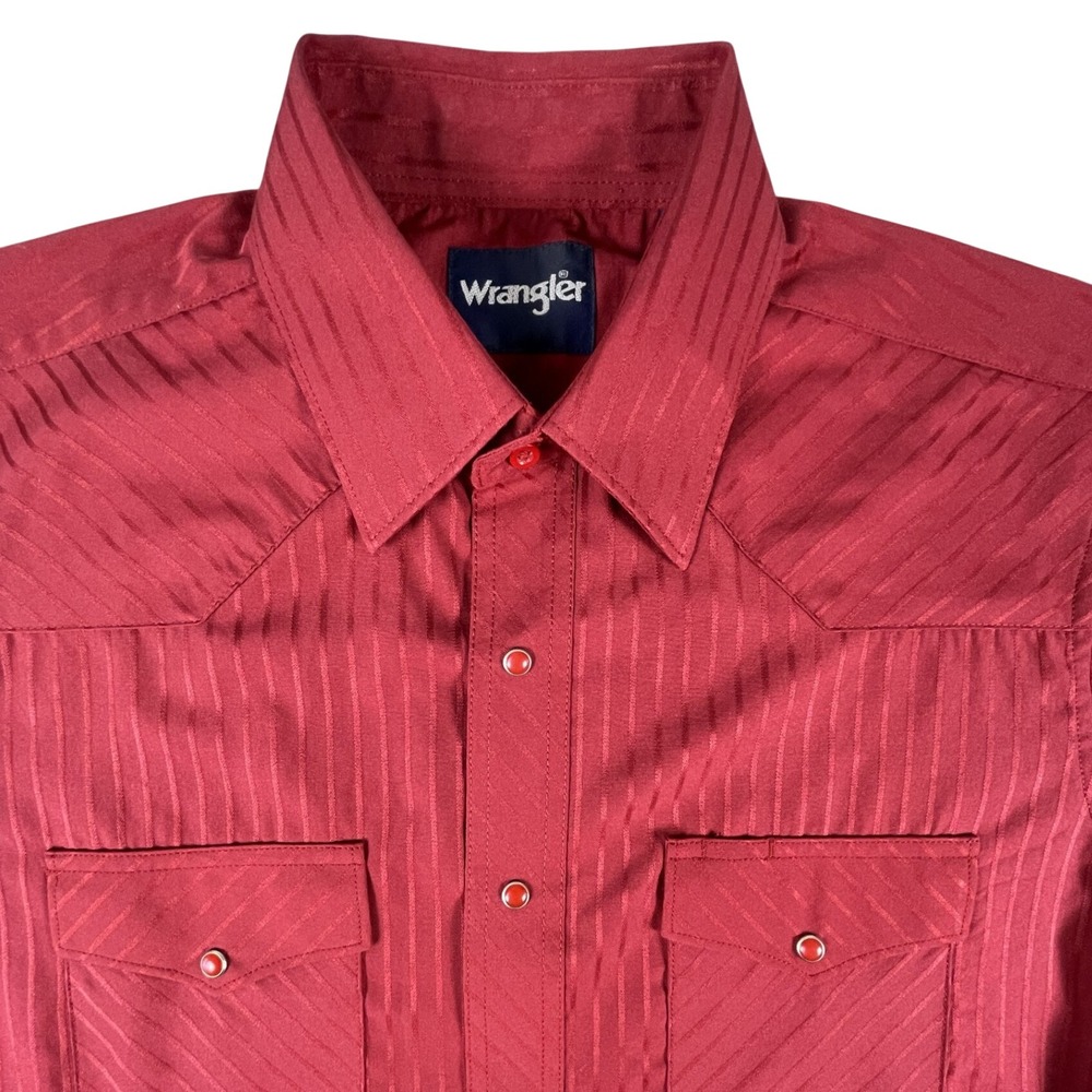 Wrangler Western Shirt Mens M Red Tonal Stripe Pearl Snap Long Slv Yoke Pockets